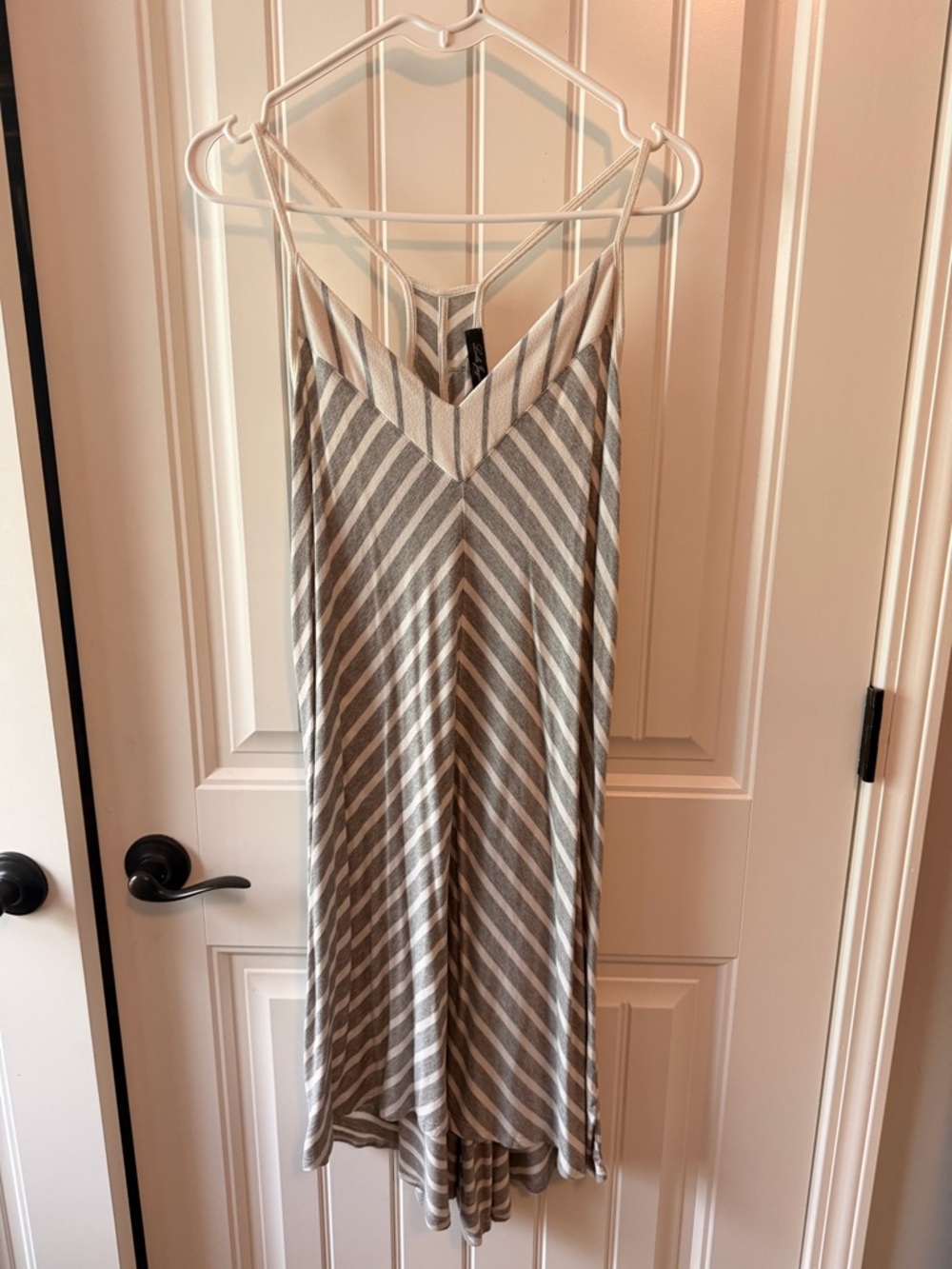 Very Cute Striped V-Neck Spaghetti Strap Dress in Gray and Cream